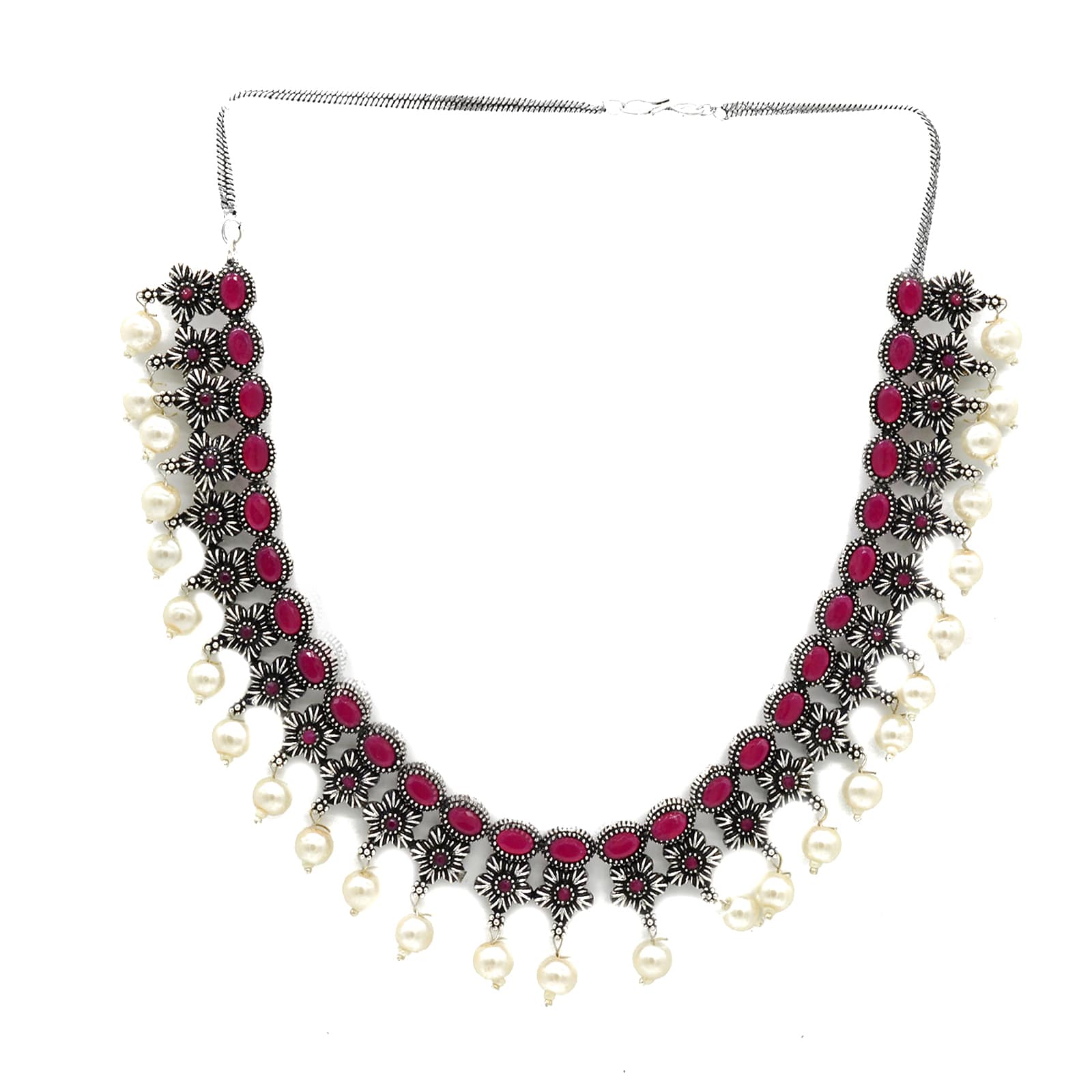 Ekladh Red Stone Silver Pearl Necklace Set - Teejh