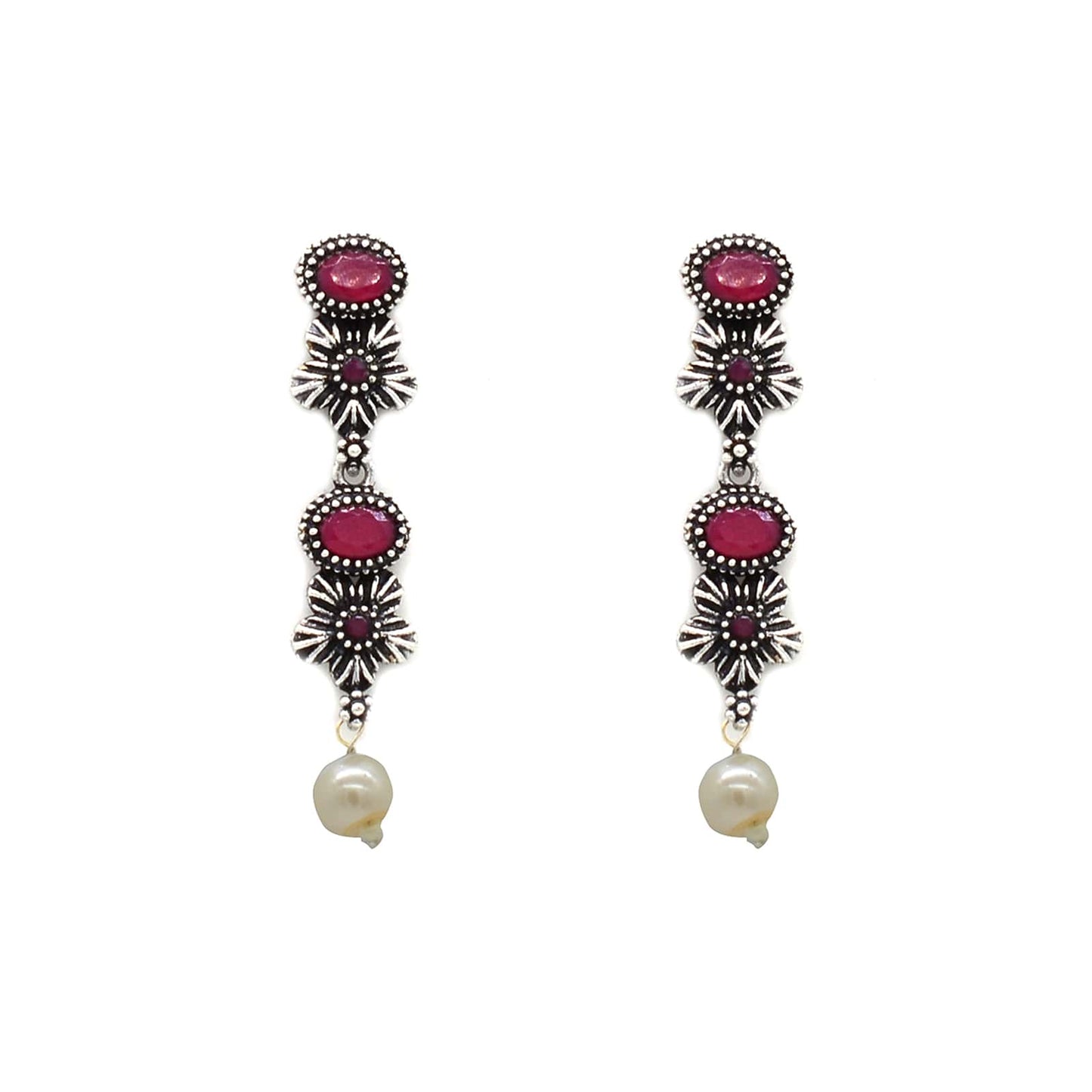 Ekladh Red Stone Silver Pearl Necklace Set - Teejh
