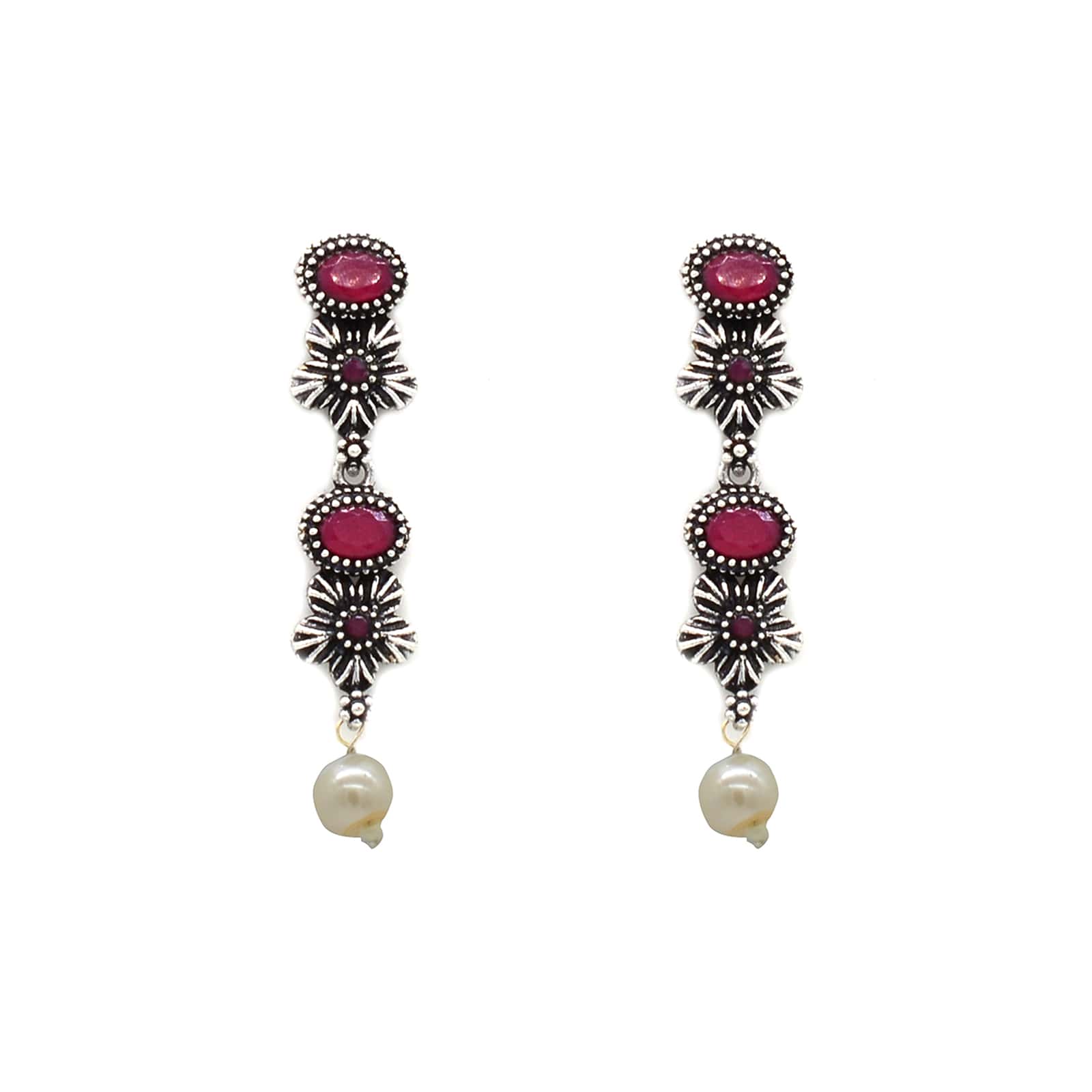 Ekladh Red Stone Silver Pearl Necklace Set - Teejh
