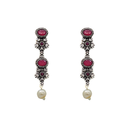Ekladh Red Stone Silver Pearl Necklace Set - Teejh