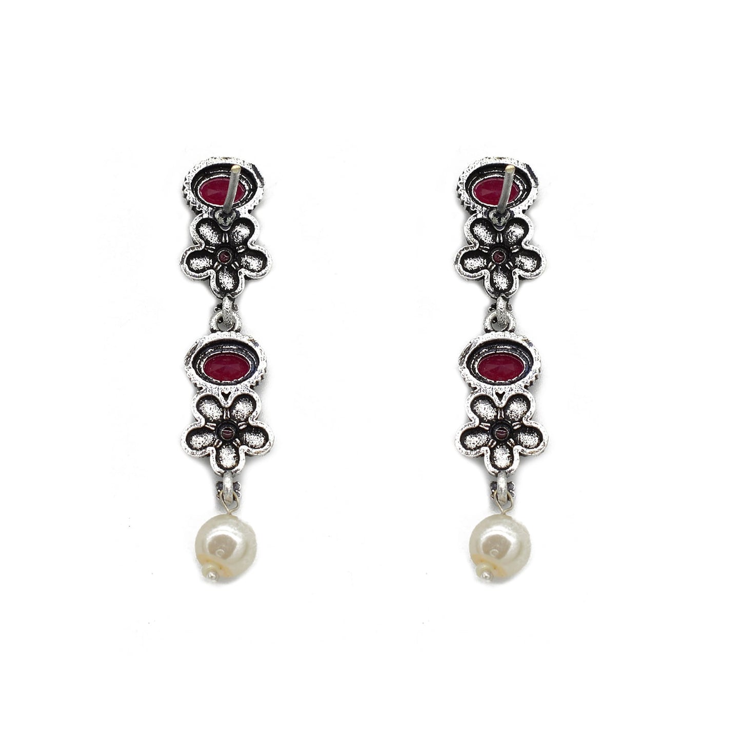 Ekladh Red Stone Silver Pearl Necklace Set - Teejh