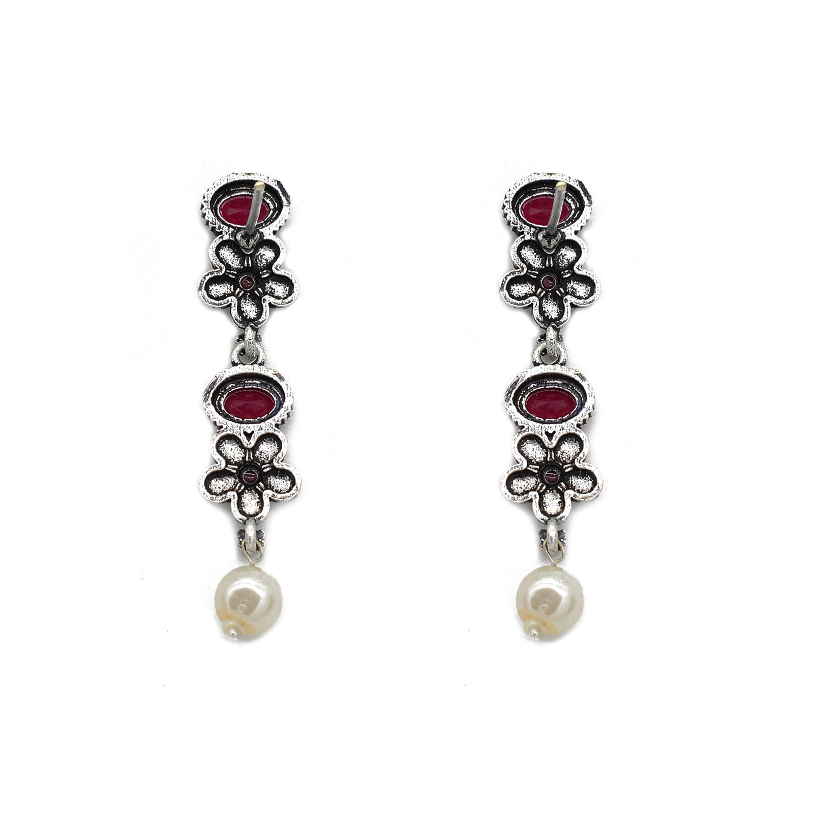 Ekladh Red Stone Silver Pearl Necklace Set - Teejh