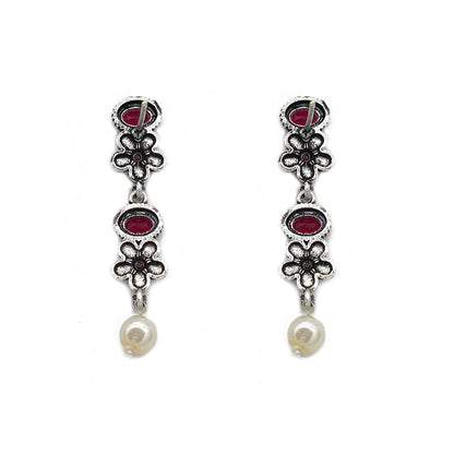Ekladh Red Stone Silver Pearl Necklace Set - Teejh