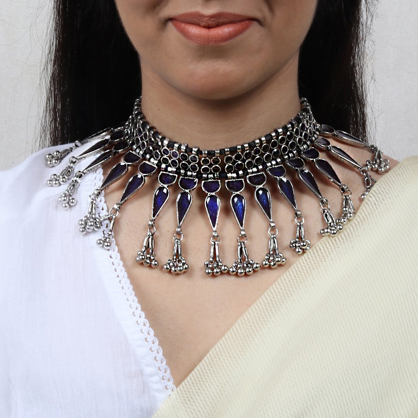 Teejh Inaya Blue Silver Oxidised Choker Necklace