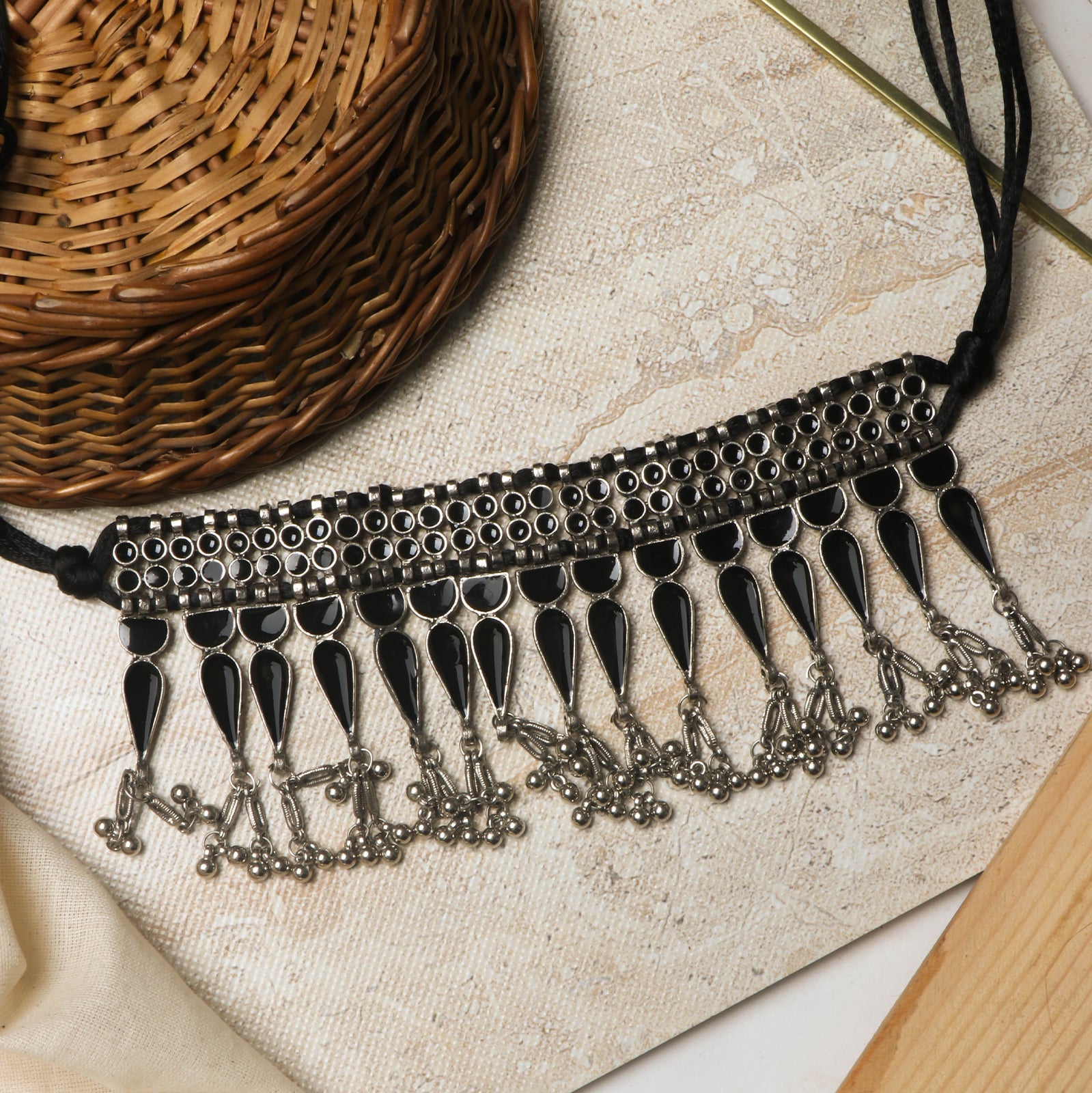 Teejh Adhira Black Silver Oxidised  Choker Necklace