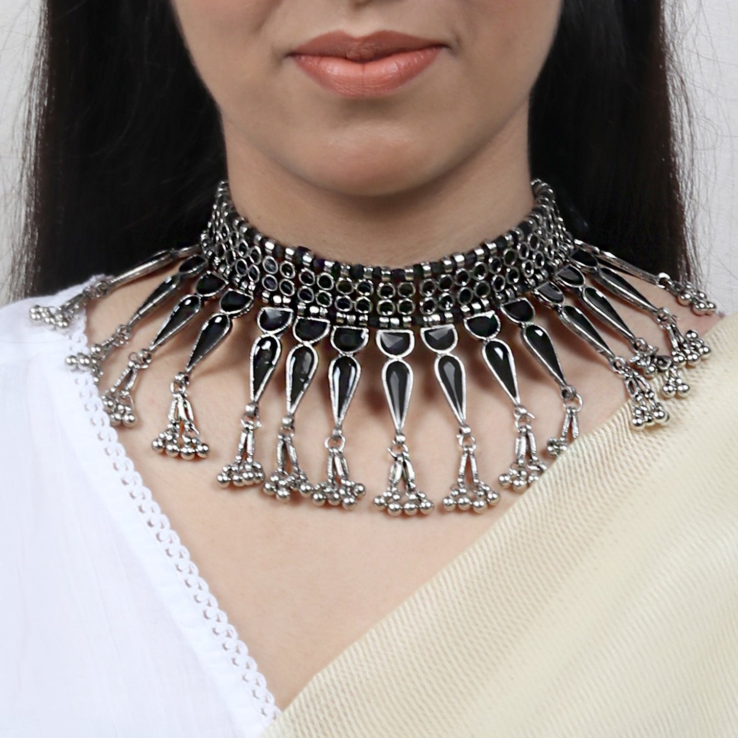 Teejh Adhira Black Silver Oxidised  Choker Necklace