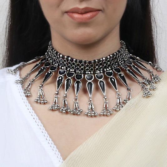 Teejh Adhira Black Silver Oxidised  Choker Necklace