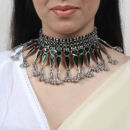 Teejh Heeral Green Silver Oxidised Choker Necklace