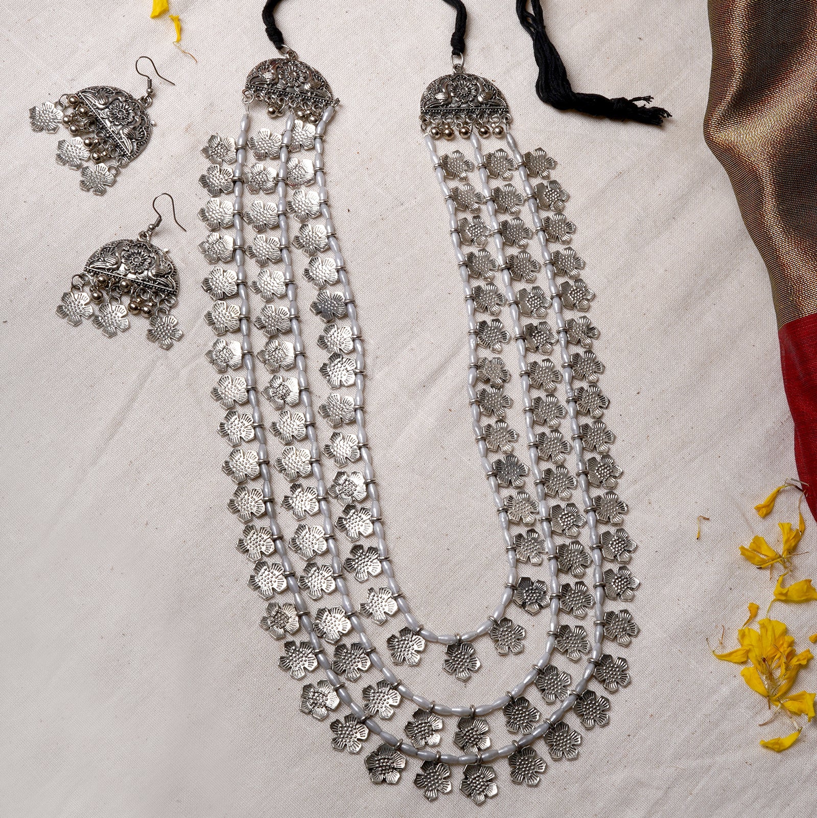 Teejh Faiza Silver Oxidised Floral Long Necklace Set