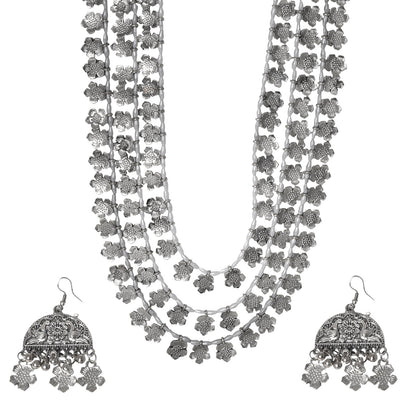 Teejh Faiza Silver Oxidised Floral Long Necklace Set