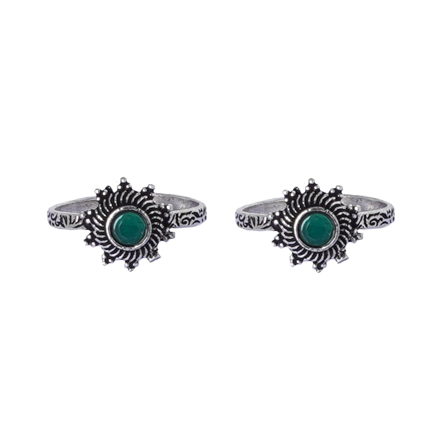 Teejh Aashvi Green Stone Silver Oxidised Toe Rings