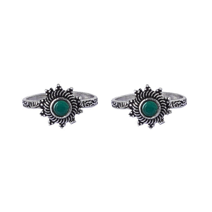Teejh Aashvi Green Stone Silver Oxidised Toe Rings