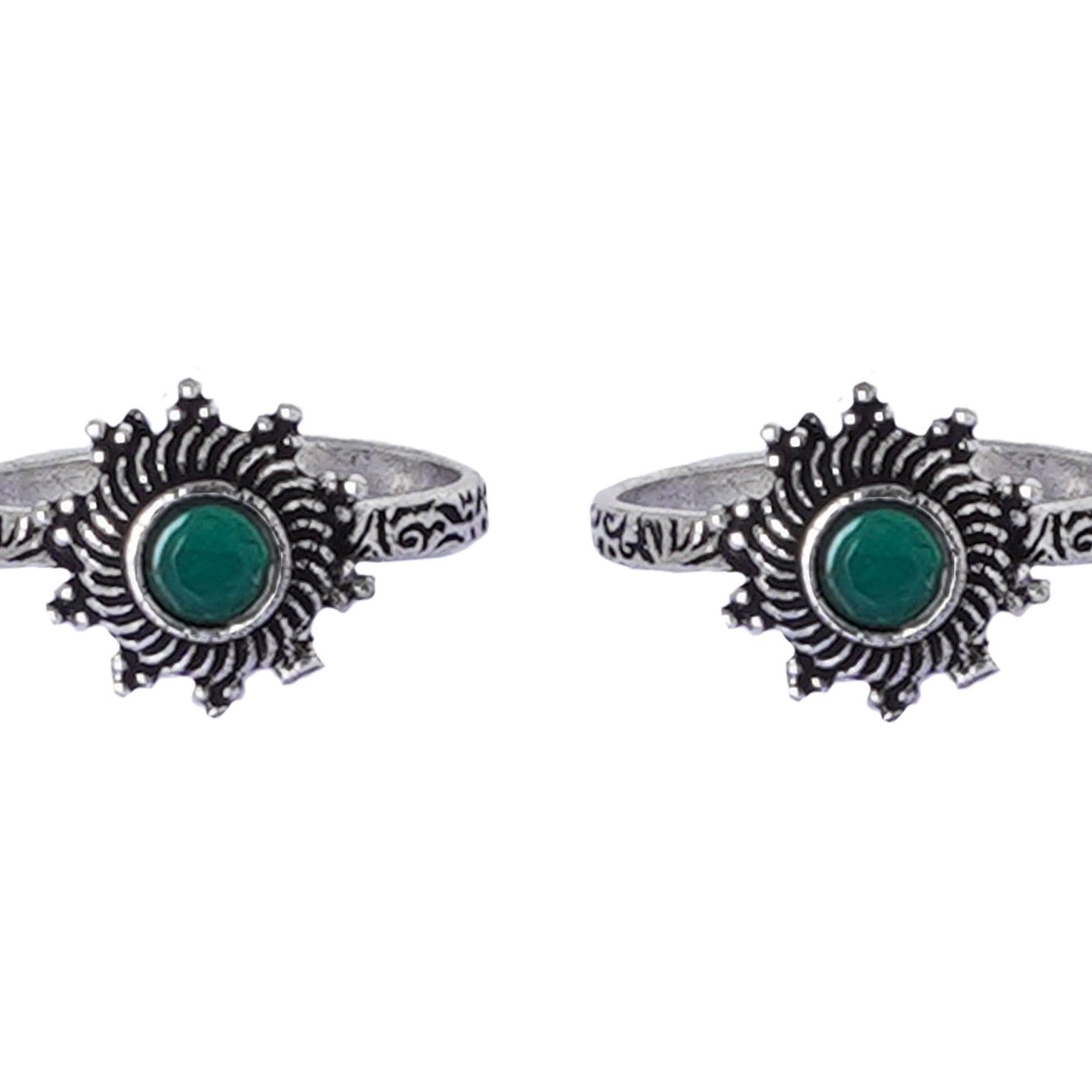 Teejh Aashvi Green Stone Silver Oxidised Toe Rings