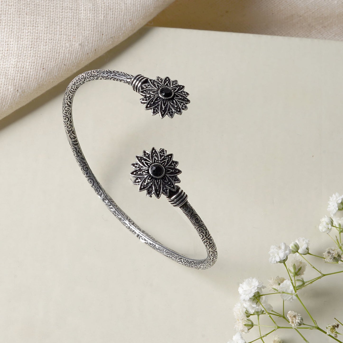 Teejh Manju Silver Oxidised Floral Bracelet
