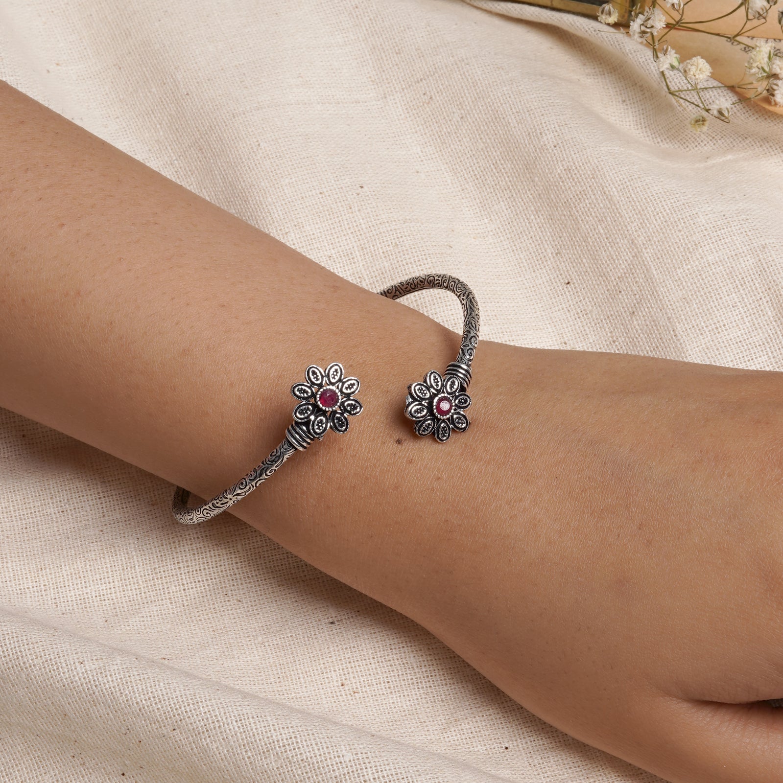 Teejh Saroj Silver Oxidised Floral Bracelet