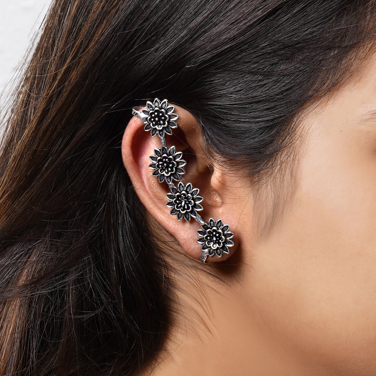 Teejh Panchali Silver Oxidised Floral Earcuffs