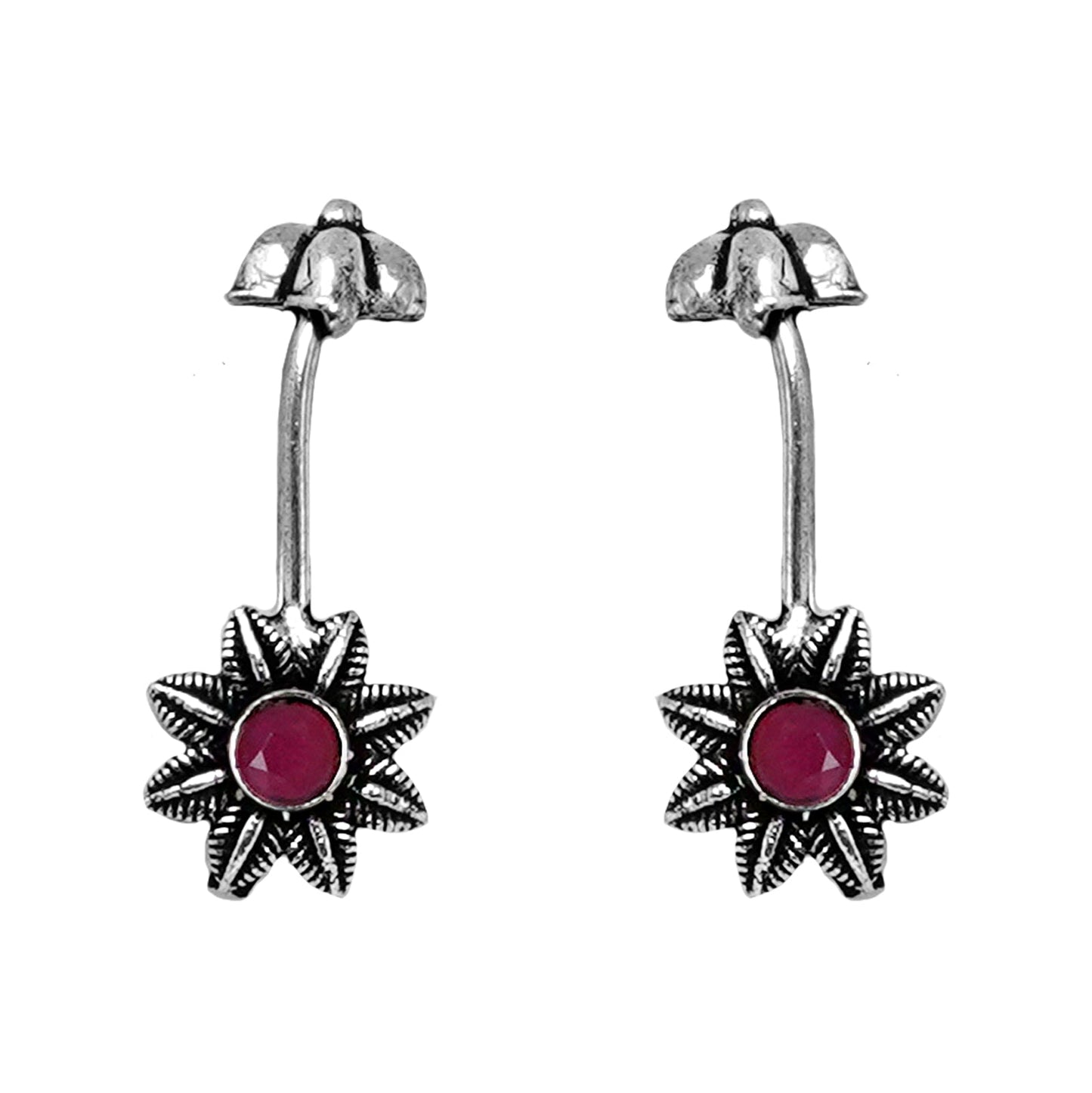 Teejh  Krisha Red Stone Silver Oxidsed Clip On Bugadi