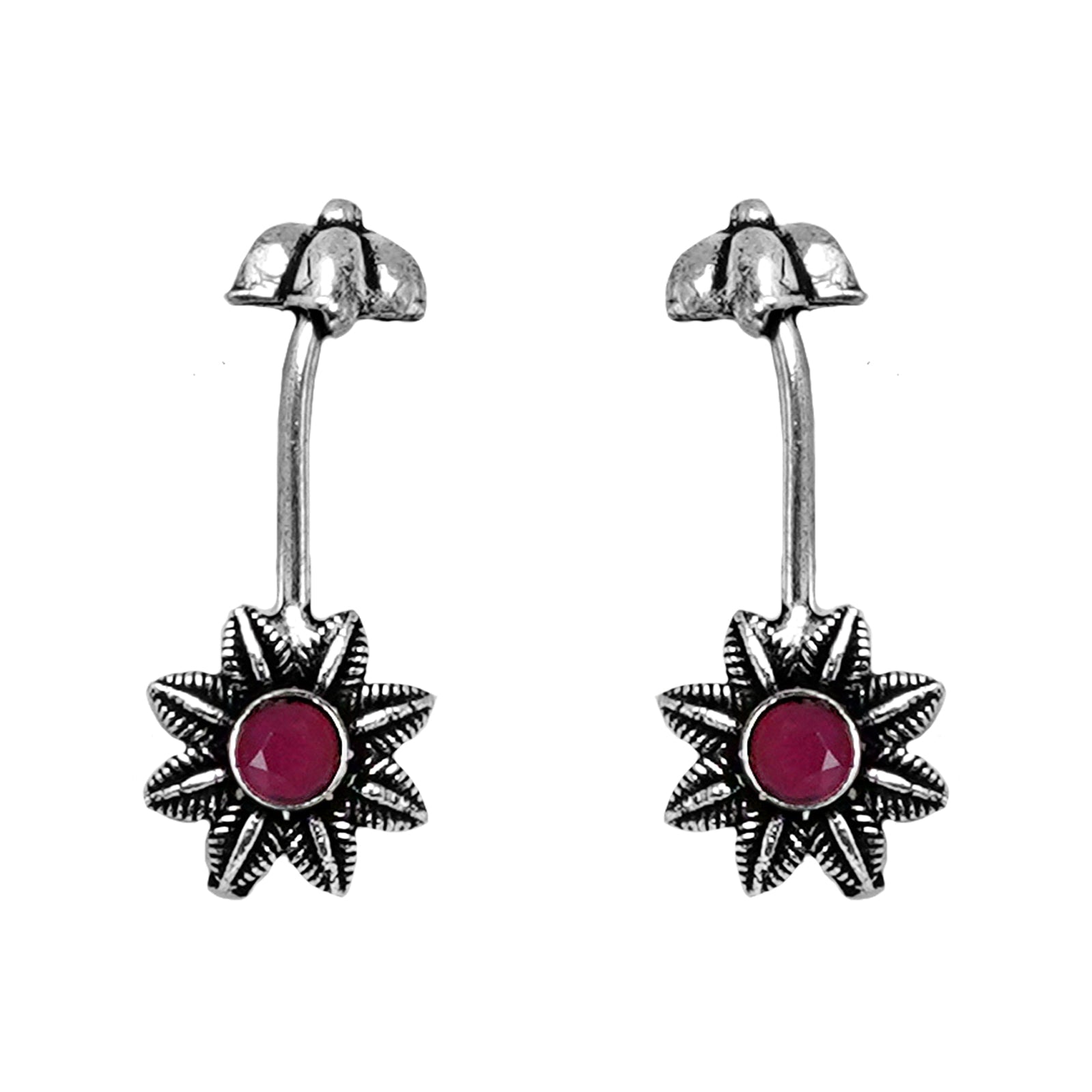 Teejh  Krisha Red Stone Silver Oxidsed Clip On Bugadi