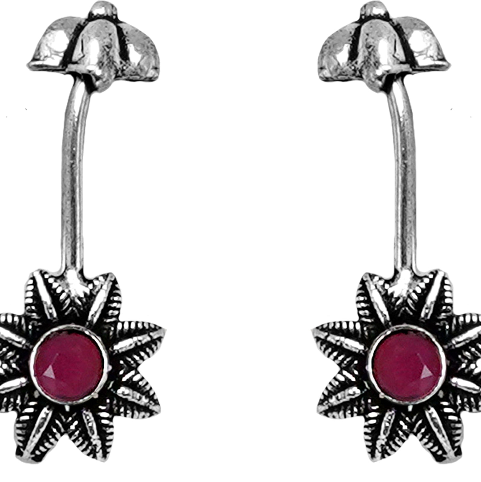 Teejh  Krisha Red Stone Silver Oxidsed Clip On Bugadi