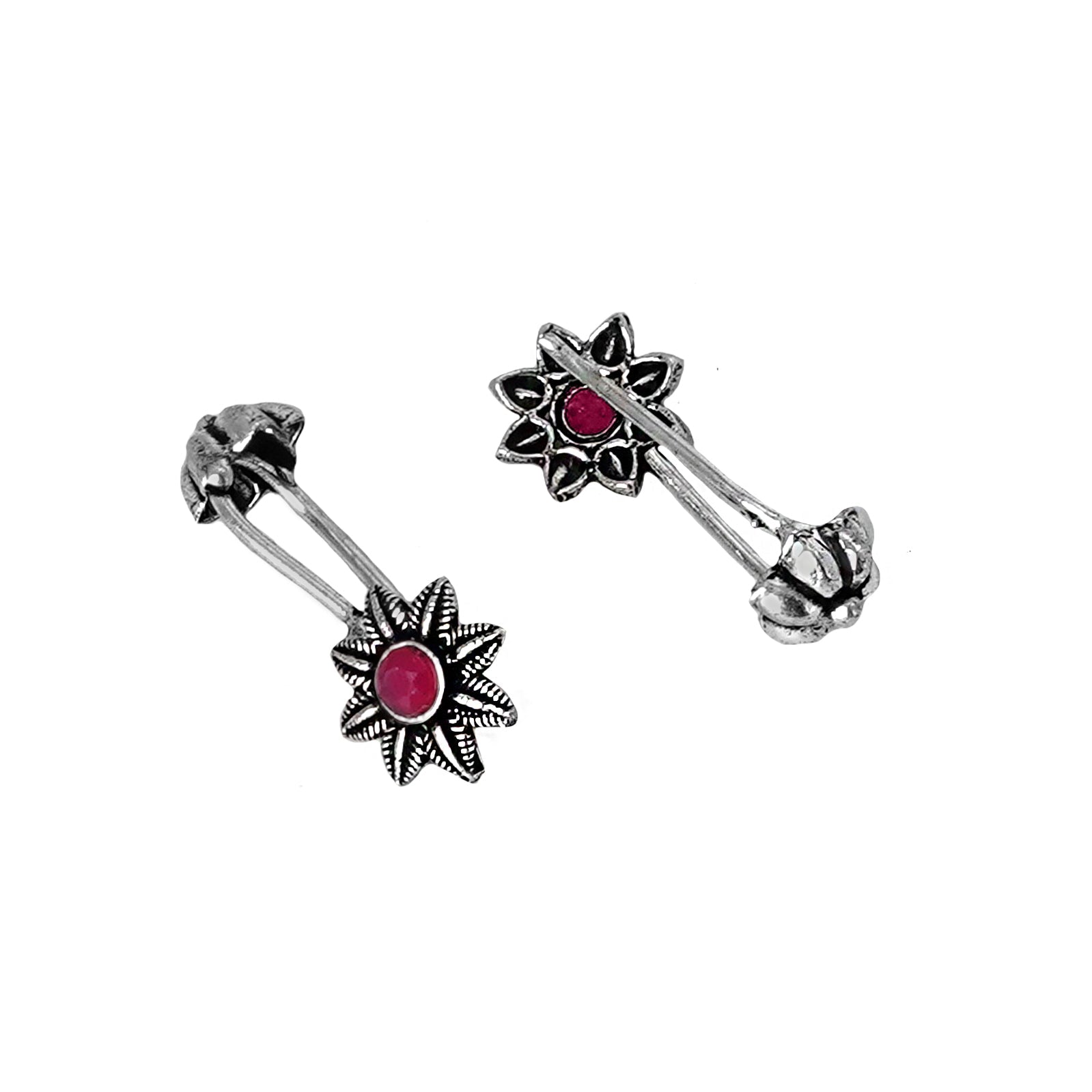 Teejh  Krisha Red Stone Silver Oxidsed Clip On Bugadi