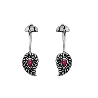 Teejh  Mitali Red Stone Silver Oxidsed Clip On Bugadi