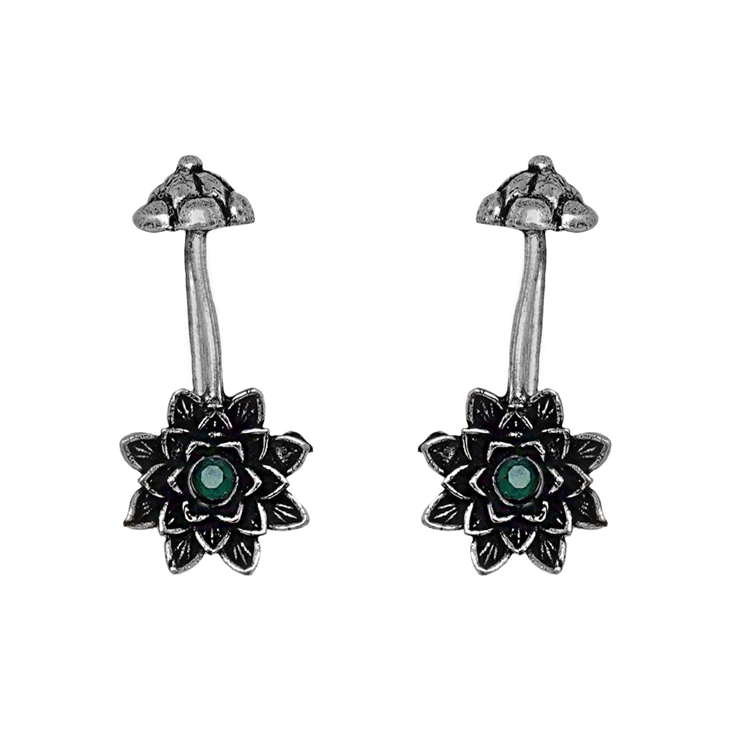 Teejh Ridhima Green Stone Silver Oxidised Clip On Bugadi
