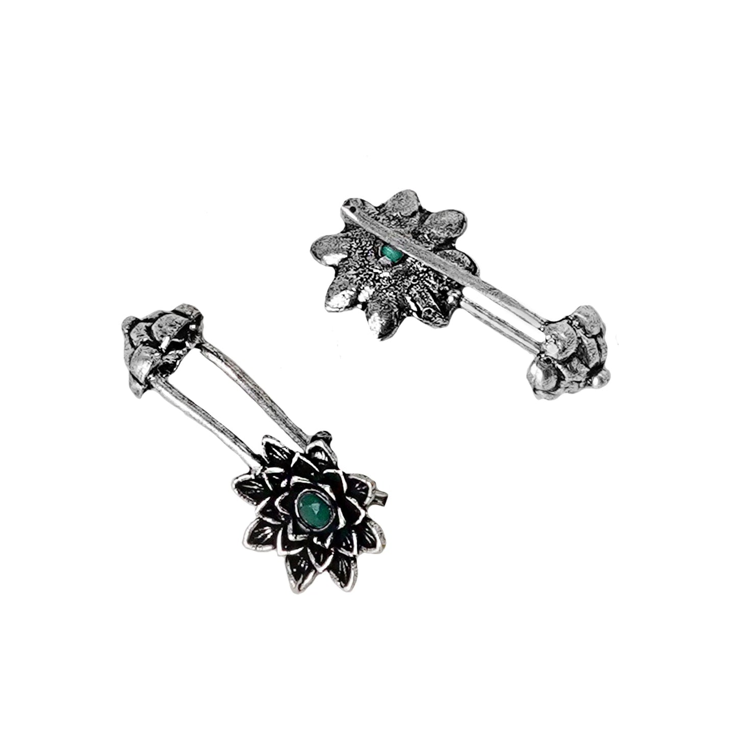 Teejh Ridhima Green Stone Silver Oxidised Clip On Bugadi