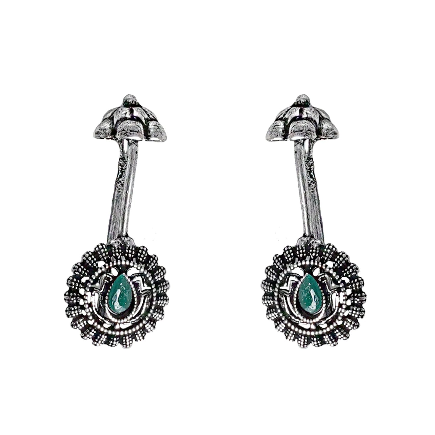 Teejh  Nitara Green Stone Silver Oxidised Clip On Bugadi