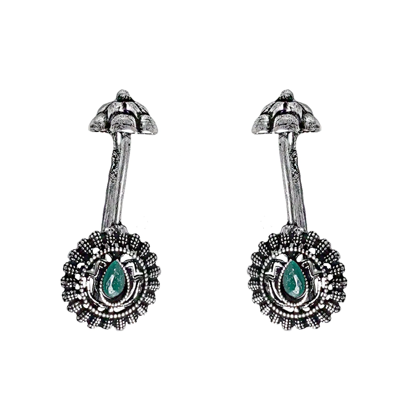 Teejh  Nitara Green Stone Silver Oxidised Clip On Bugadi