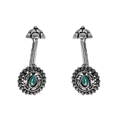 Teejh  Nitara Green Stone Silver Oxidised Clip On Bugadi