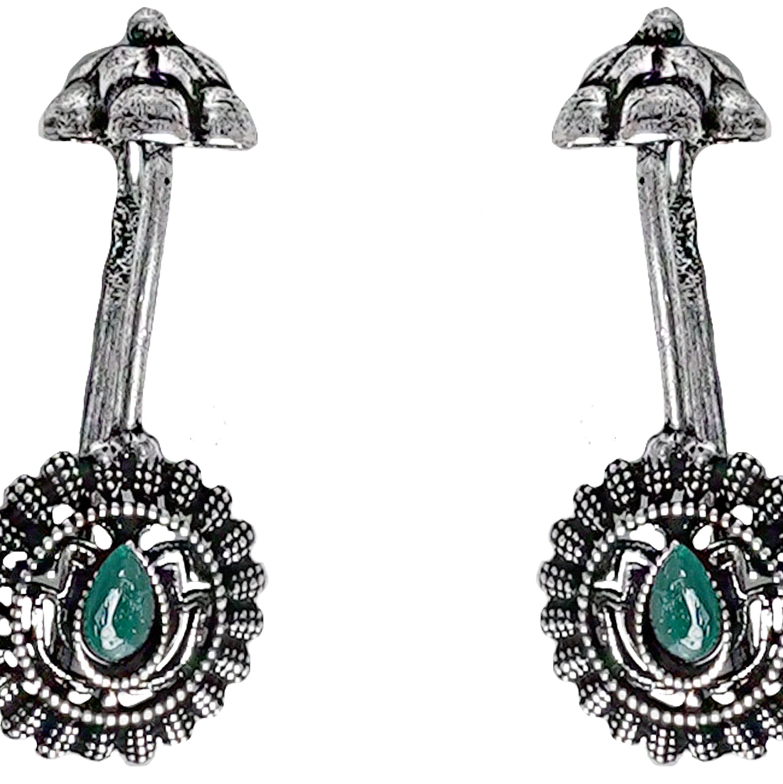 Teejh  Nitara Green Stone Silver Oxidised Clip On Bugadi
