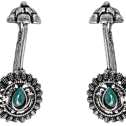 Teejh  Nitara Green Stone Silver Oxidised Clip On Bugadi