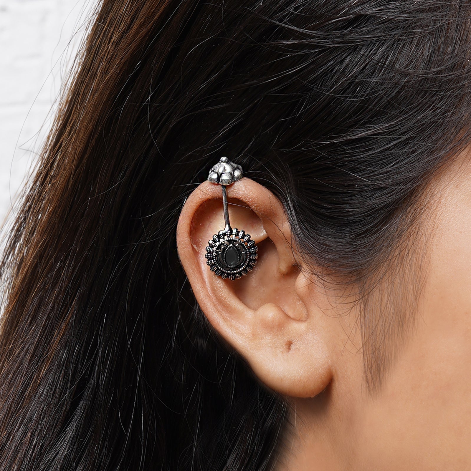 Teejh  Nitara Black Stone Silver Oxidised Clip On Bugadi
