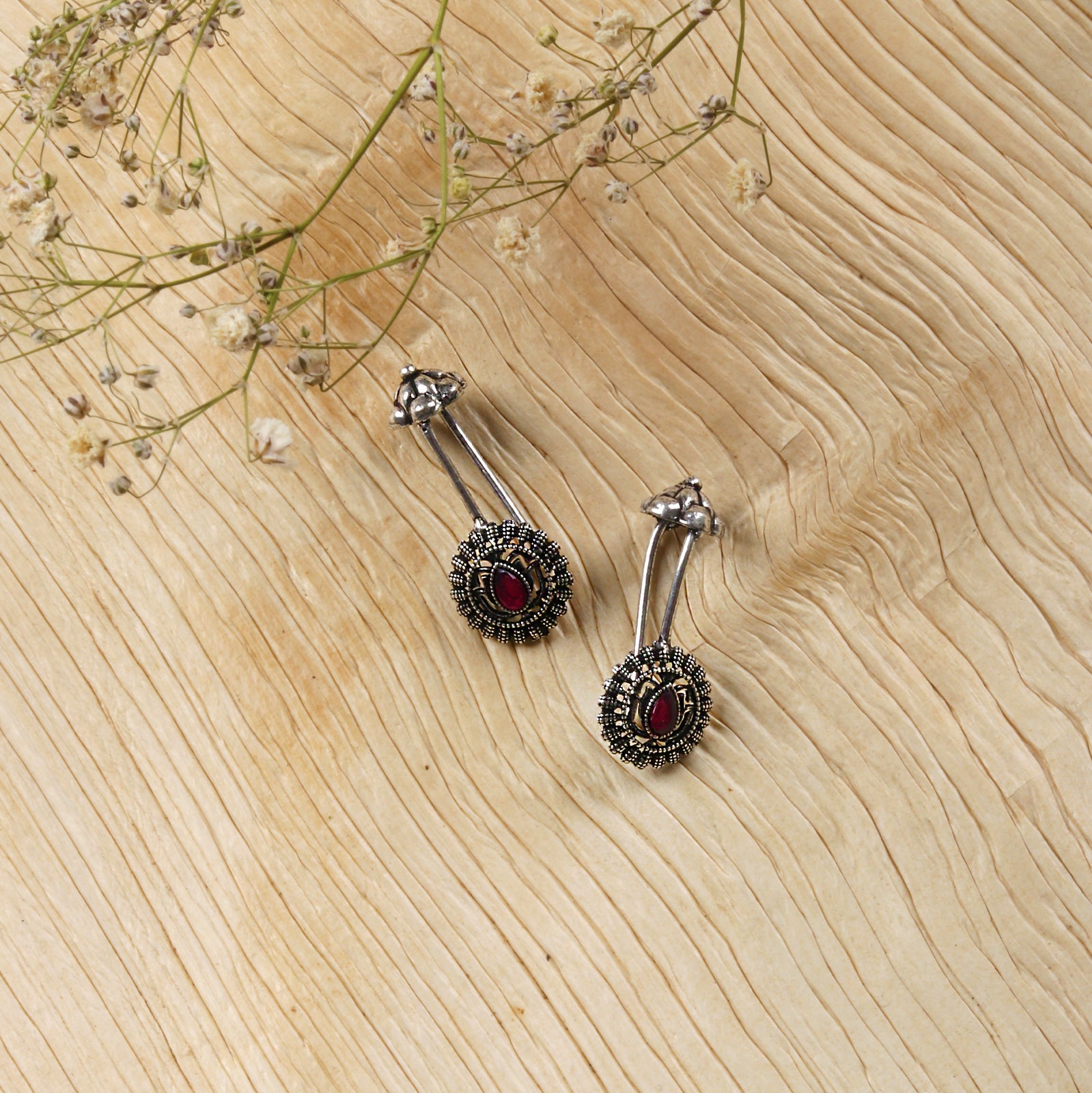 Teejh  Nitara Red Stone Silver Oxidised Clip On Bugadi