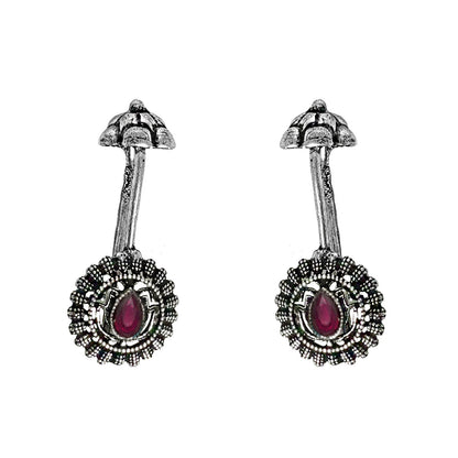 Teejh  Nitara Red Stone Silver Oxidised Clip On Bugadi