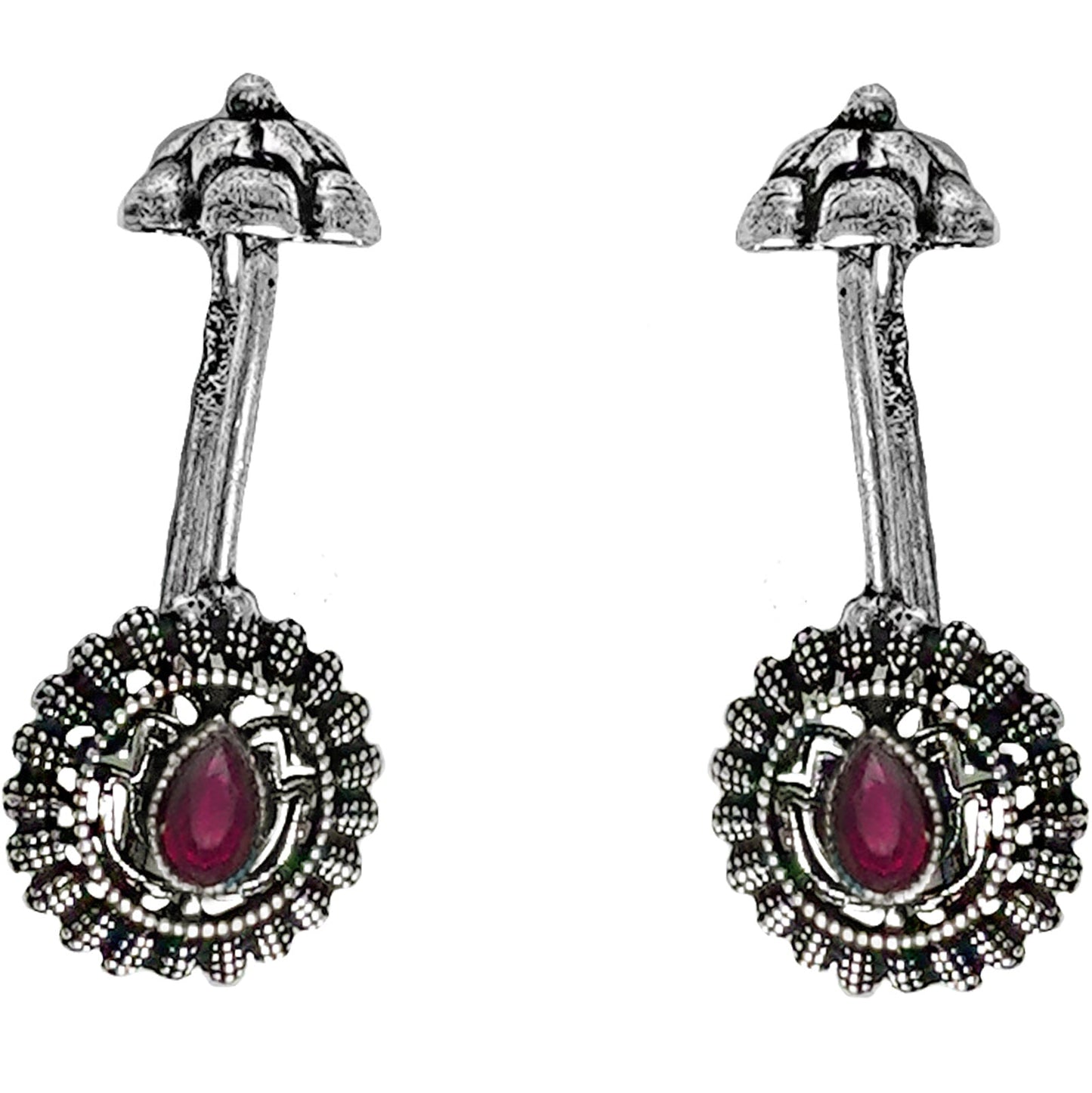 Teejh  Nitara Red Stone Silver Oxidised Clip On Bugadi