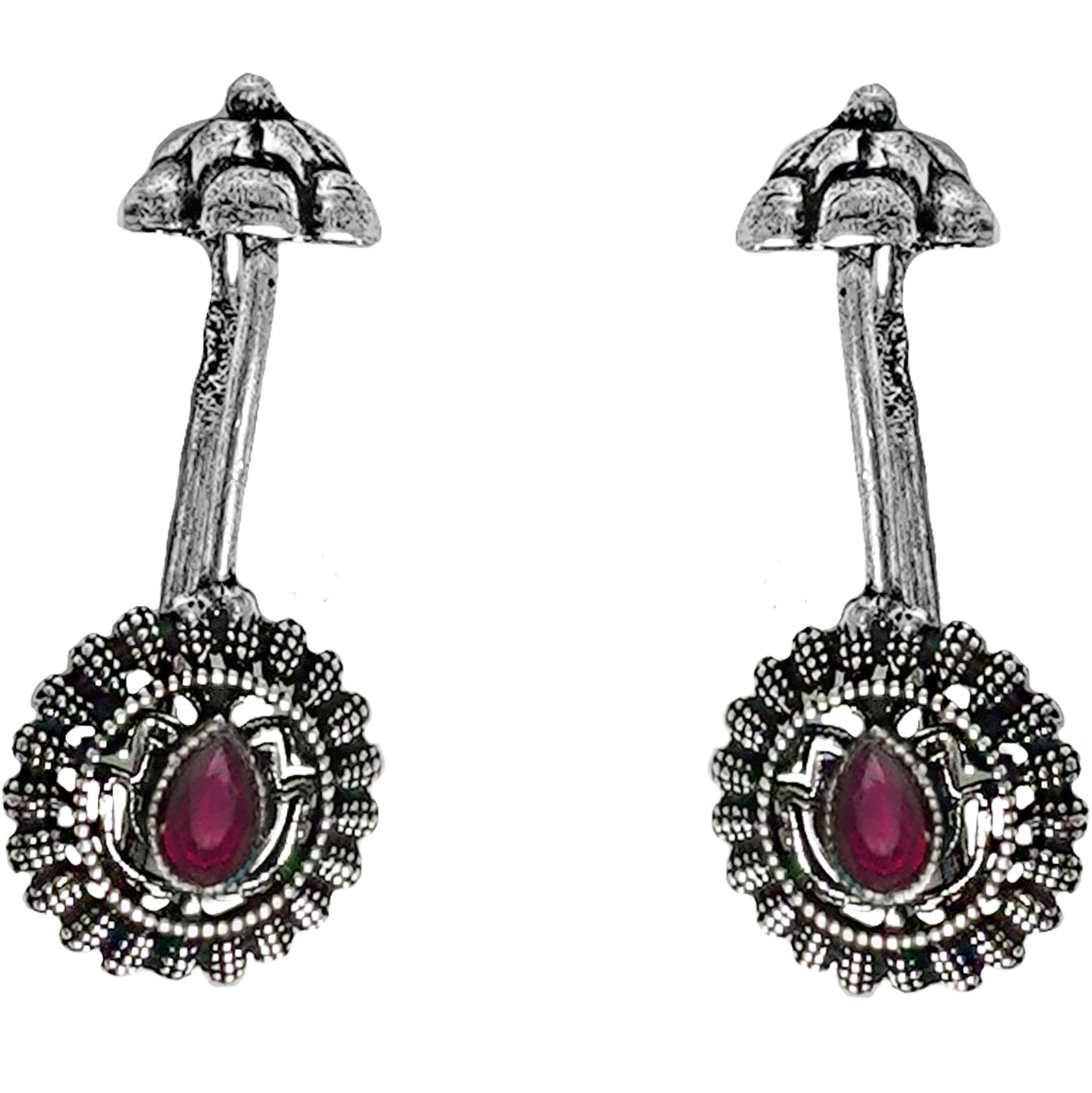 Teejh  Nitara Red Stone Silver Oxidised Clip On Bugadi