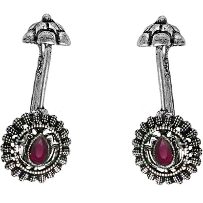 Teejh  Nitara Red Stone Silver Oxidised Clip On Bugadi
