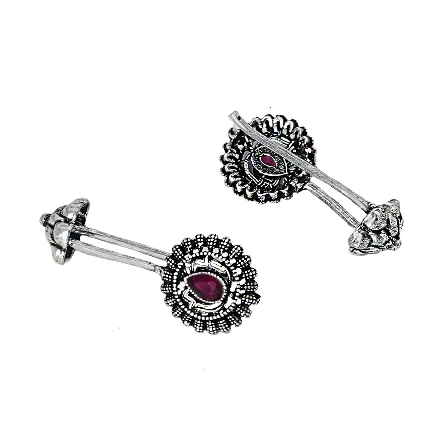 Teejh  Nitara Red Stone Silver Oxidised Clip On Bugadi