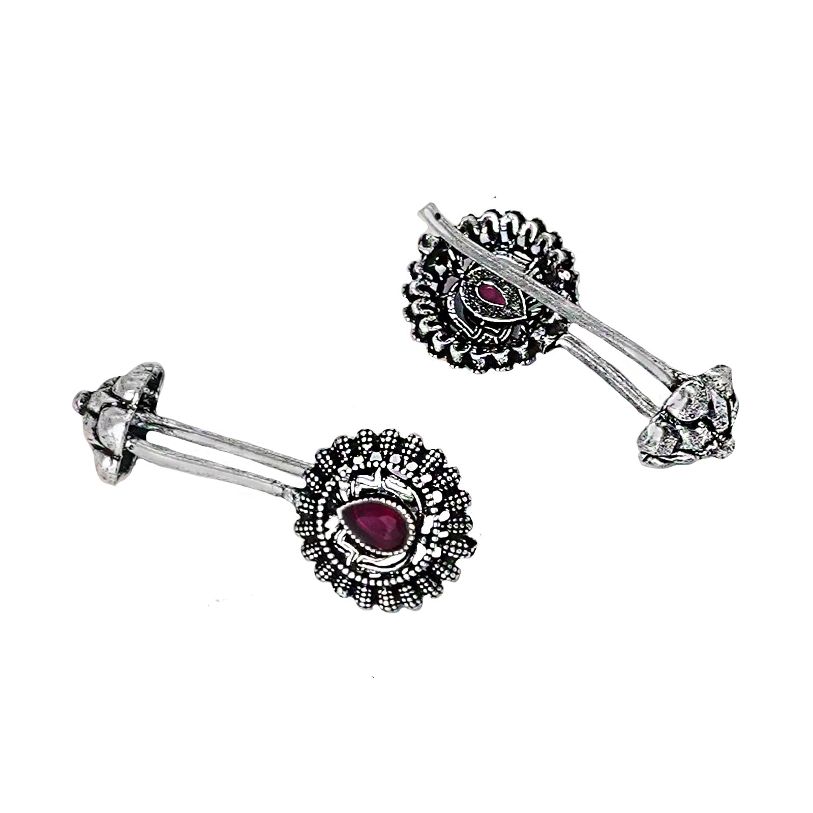 Teejh  Nitara Red Stone Silver Oxidised Clip On Bugadi