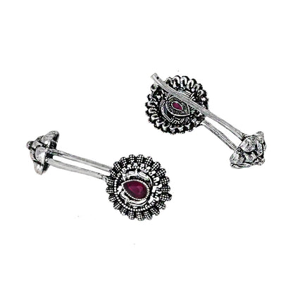 Teejh  Nitara Red Stone Silver Oxidised Clip On Bugadi