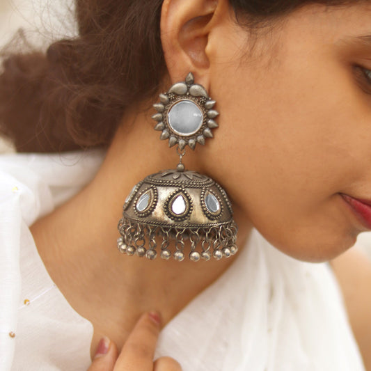 Teejh Saiyra Silver Oxidised Mirror Jhumkis