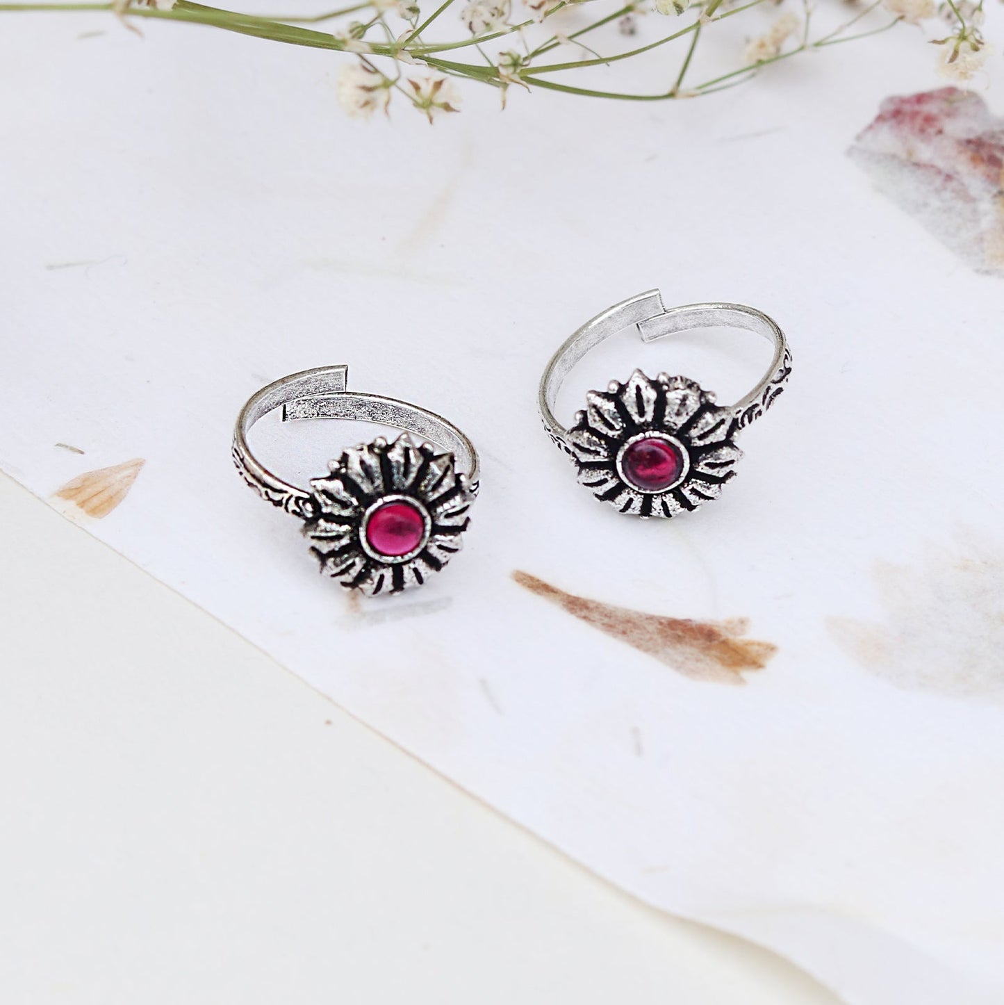 Teejh Siya Pink Stone Silver Oxidised Toe Rings