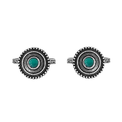 Teejh Shaanvi Green Stone Silver Oxidised Toe Rings