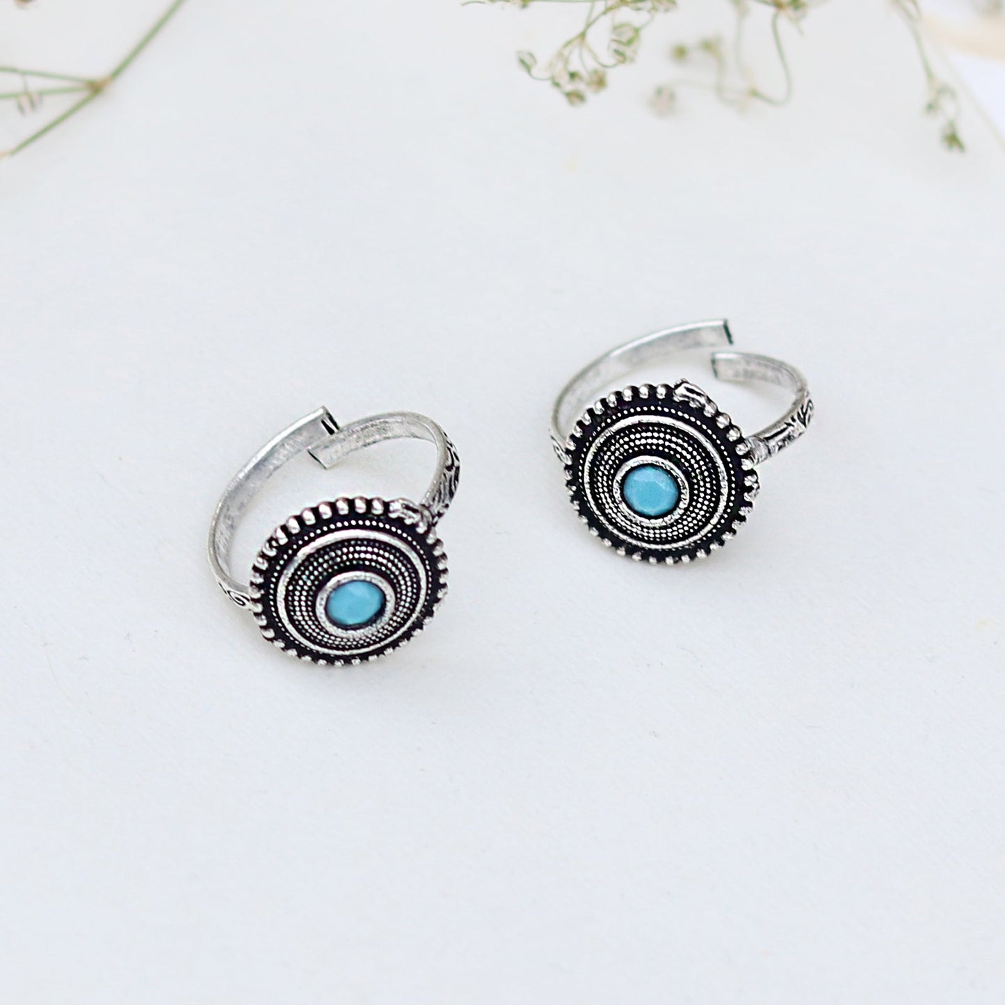 Teejh Shaanvi Light Blue Stone Silver Oxidised Toe Rings