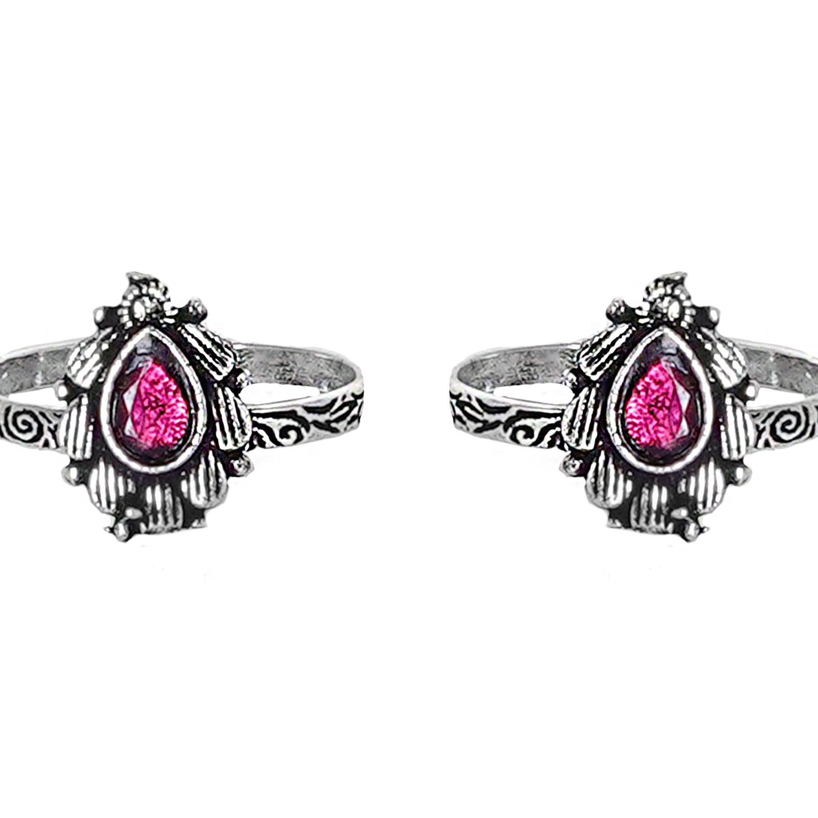 Teejh Pravya Pink Stone Silver Oxidised Toe Rings