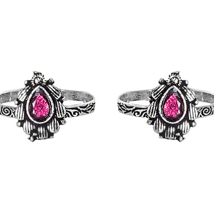 Teejh Pravya Pink Stone Silver Oxidised Toe Rings