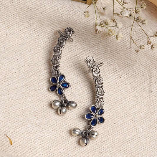 Teejh Viha Silver Oxidised Blue  Floral Earcuff