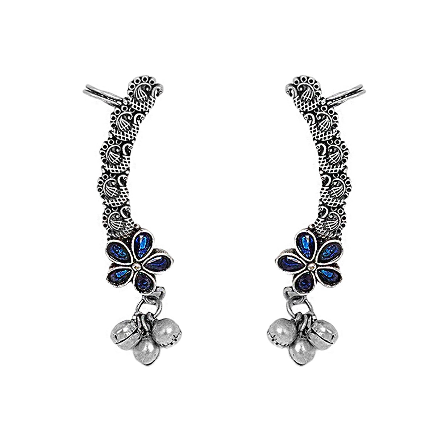 Teejh Viha Silver Oxidised Blue  Floral Earcuff