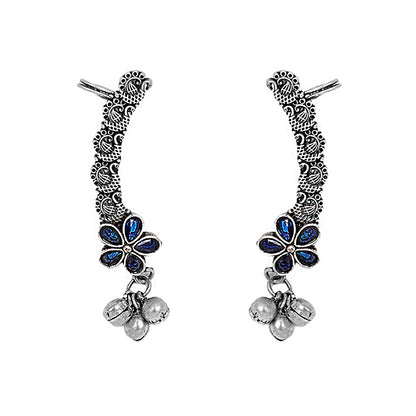 Teejh Viha Silver Oxidised Blue  Floral Earcuff